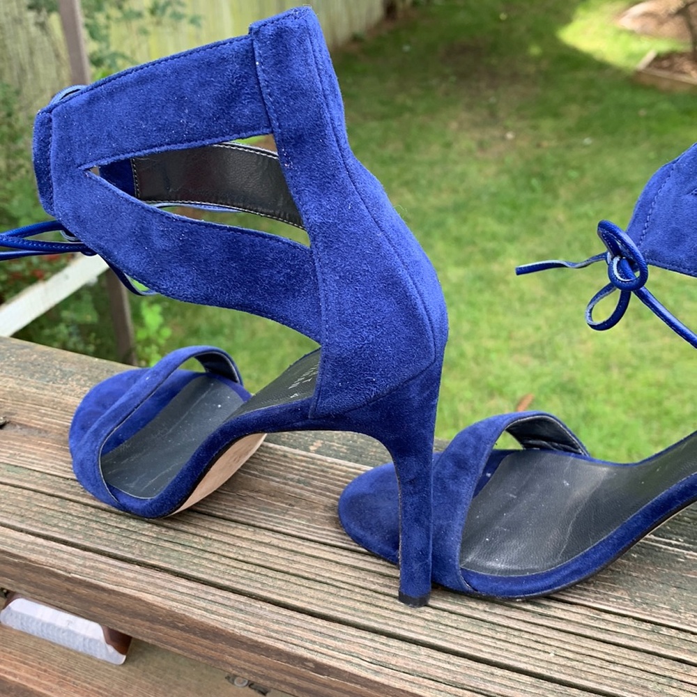 Stuart Weitzman suede dark royal‎ blue open toe heels.